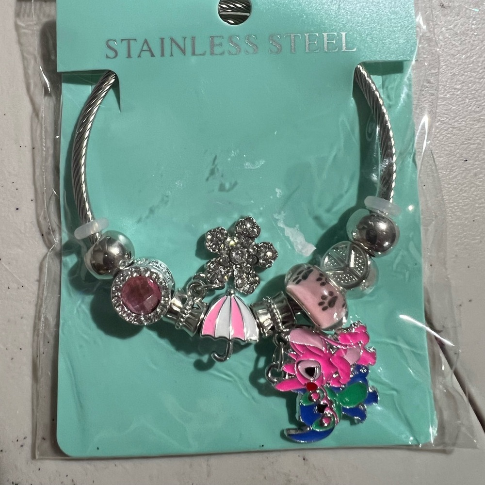 Stainless Steel Lilo and Stitch Charm Bracelet with Pink Accents